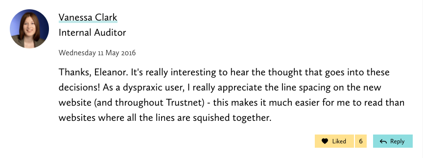 screenshot of a comment from an Internal Auditor colleague interested in hearing about the process and appreciating the new line height making it much easier to read as a dyspraxic user
